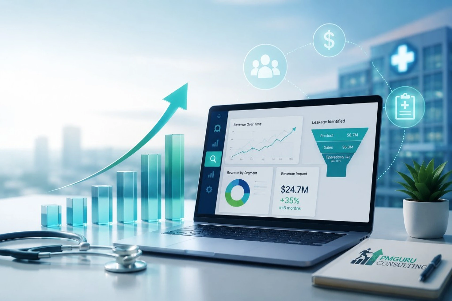Revenue analysis dashboard on a laptop with healthcare growth metrics, stethoscope, and PMGuru branding